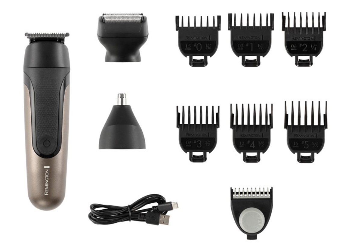 Απεικονίζεται η ξυριστική μηχανή μαζί με όλα τα εξαρτήματά της.